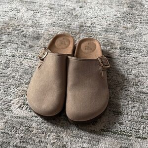 Time and Tru Taupe Suede-Look Slip-On Clogs with Buckle